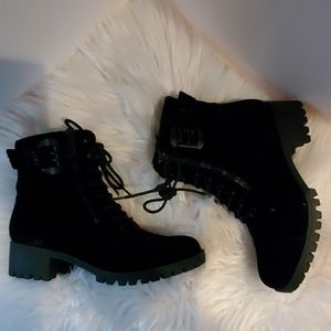 Guess, black velvet combat boots.